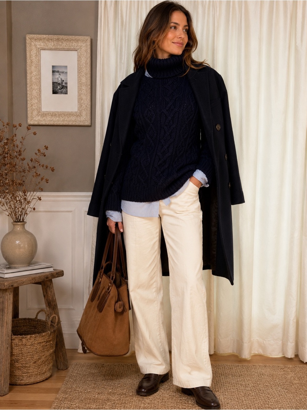 Banana Republic Chunky Navy Cable Knit Turtleneck Sweater - Large